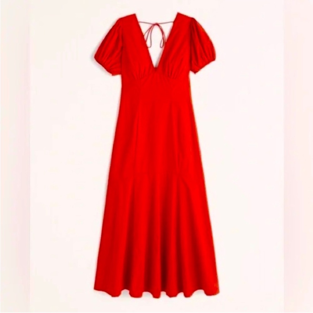 Abercrombie & Fitch Red Poplin Dress with Puff Sleeves
